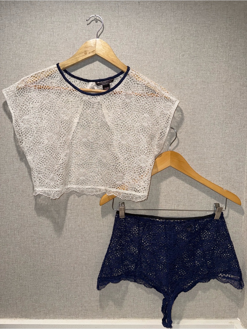 {Victoria Secret} White Crochet Crop Top with Navy Trim High Waisted Bottoms -